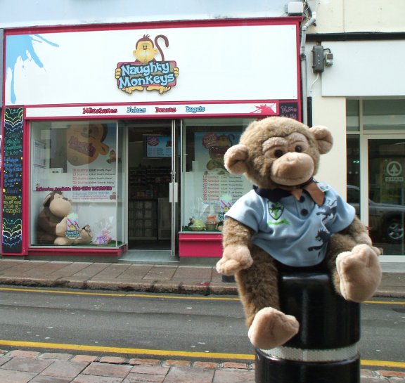 Jimby outside The Naughty Monkeys Snackbar